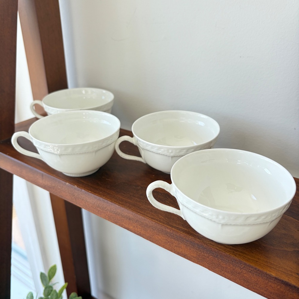Haviland France Limoges White Porcelain Embossed Tea Bouillon Cups Set of 4